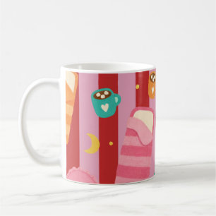 Pink and red striped mug with sleepover pattern