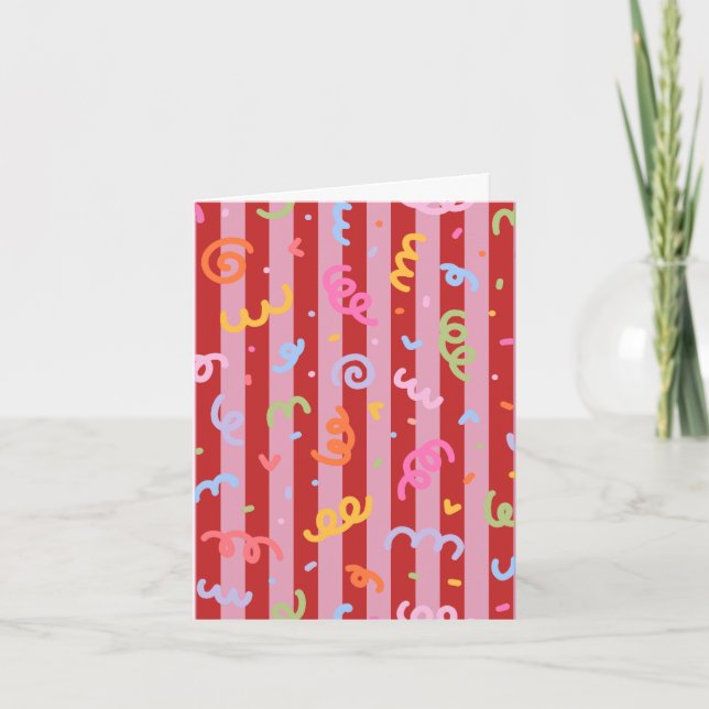 Pink and red striped, with confetti design  card (Front)