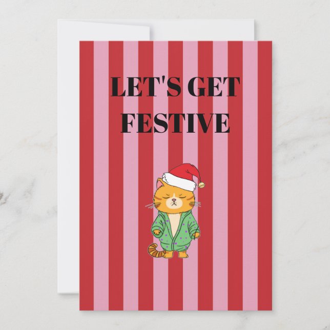 Pink and red stripes Christmas cat Invitation (Front)