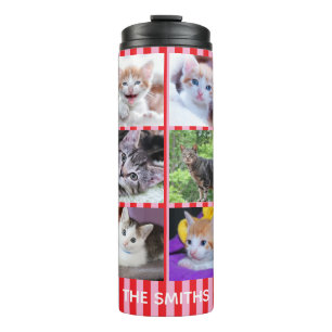 Pink and Red Stripes Family Pet Photo Collage Thermal Tumbler