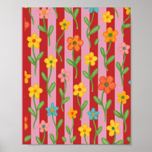 Pink and red stripes with colourful flowers poster