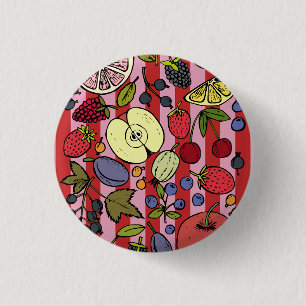 Pink and red stripes with colourful fruit 3 cm round badge