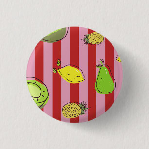 Pink and red stripes with fruit pattern 3 cm round badge