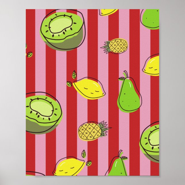 Pink and red stripes with fruit pattern poster (Front)