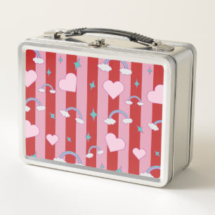 Pink and red stripes with rainbows and hearts metal lunch box