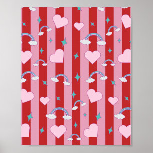 Pink and red stripes with rainbows and hearts poster