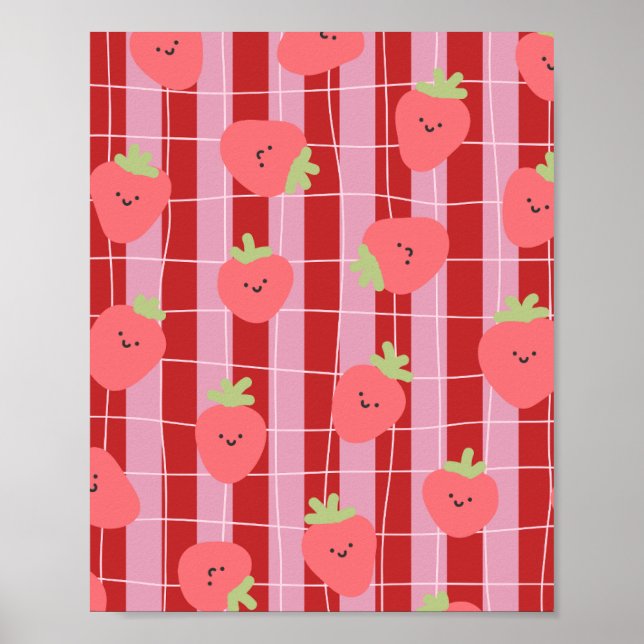 Pink and red stripes, with strawberries poster (Front)