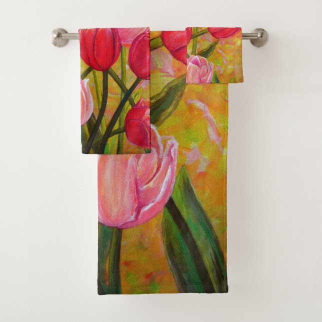 Pink and Red Tulip Arrangement   Bath Towel Set (Insitu)