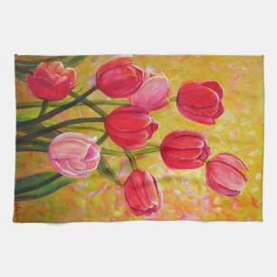 Pink and Red Tulip Arrangement Tea Towel