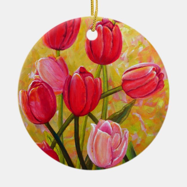 Pink and Red Tulip Bouquet  Ceramic Tree Decoration (Front)