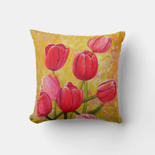Pink and Red Tulips Painting  Cushion