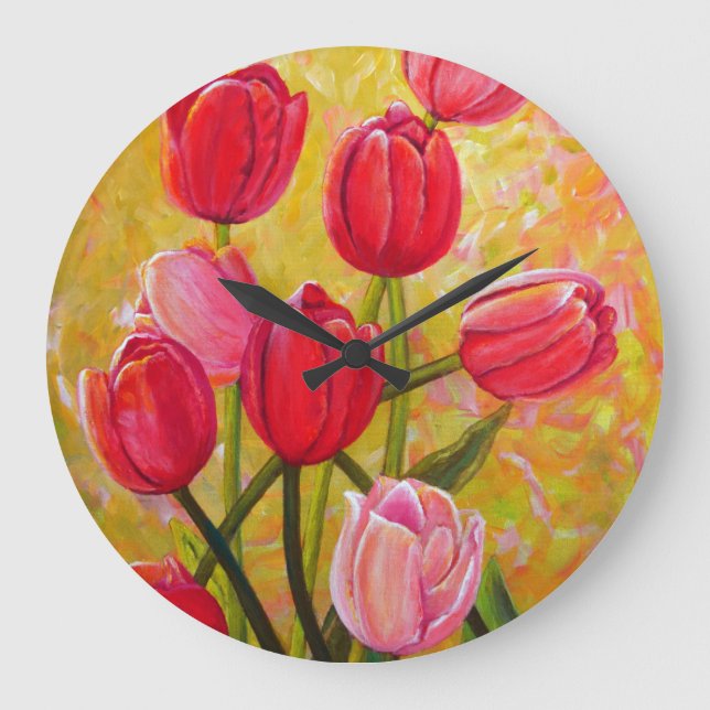 Pink and Red Tulips Painting  Large Clock (Front)