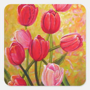 Pink and Red Tulips Painting Square Sticker