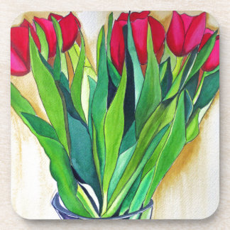 pink and red tulips watercolor art coaster