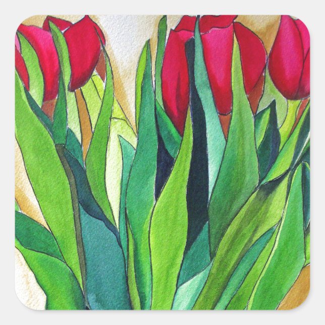 pink and red tulips watercolor art square sticker (Front)