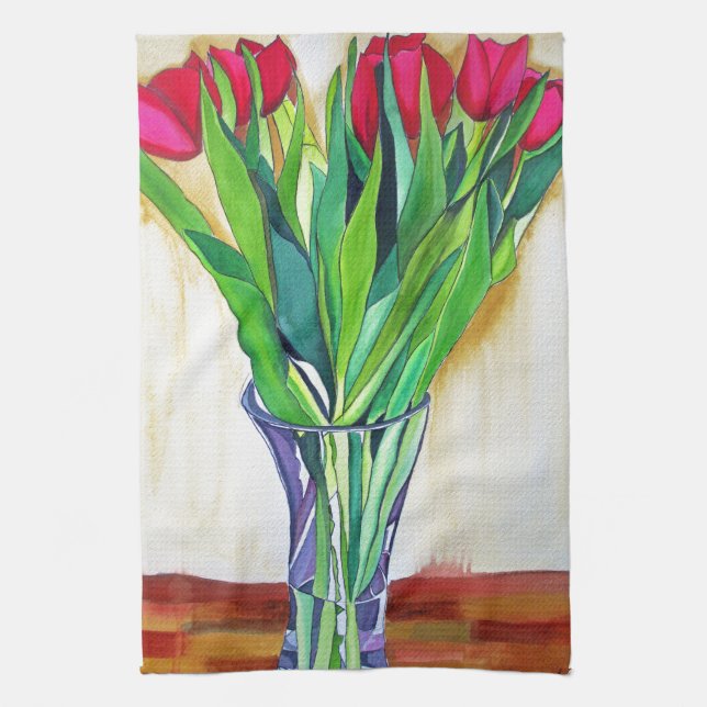 pink and red tulips watercolor art tea towel (Vertical)