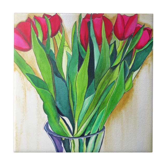 pink and red tulips watercolor art tile (Front)