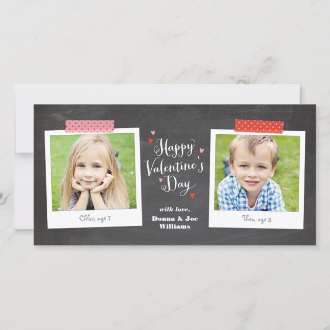 Pink and Red Washi Tape and Chalkboard Two-Photo Holiday Card (Front)