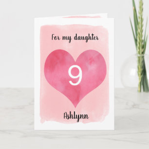 Pink and Red Watercolor Heart 9th Birthday Card