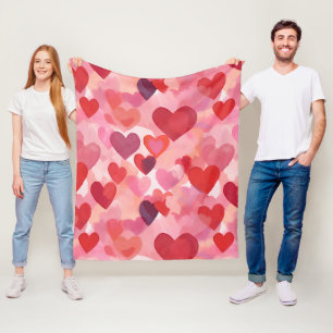 Pink and Red Watercolor Hearts Romantic Coquette Fleece Blanket