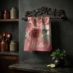 Pink and red watercolor roses customisable tea towel