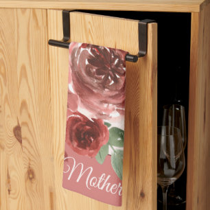 Pink and red watercolor roses customisable tea towel