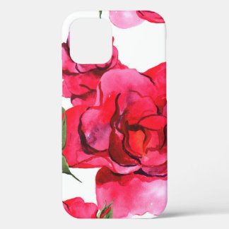 Pink and Red Watercolor Roses on White iPhone 12 Case