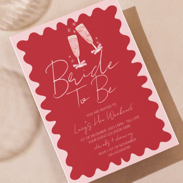 Pink and Red Wave Bachelorette Weekend Itinerary  Invitation (red pink retro wavy border hen weekend itinerary invite)