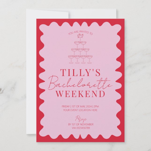 Pink and Red Wavy Hen Weekend Party Invitation (Front)
