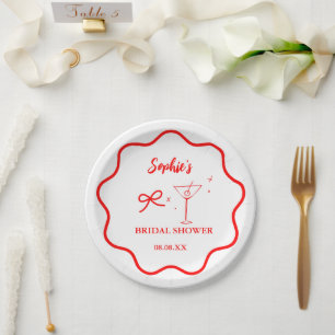 Pink and Red Wavy Retro Border Bridal Shower Paper Plate