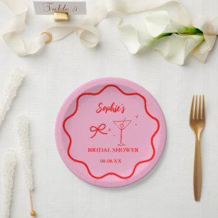 Pink and Red Wavy Retro Border Bridal Shower Paper Plate