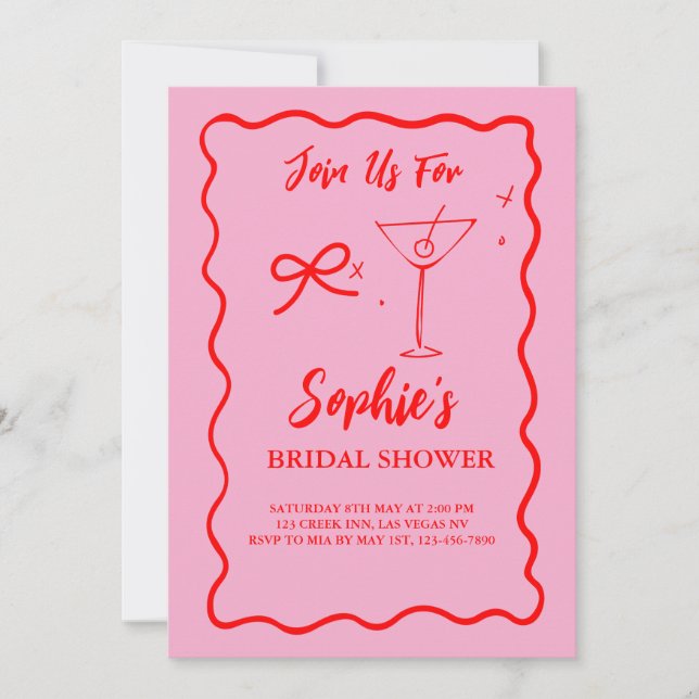 Pink And Red Wavy Retro Bridal Shower Martini Bow  Invitation (Front)