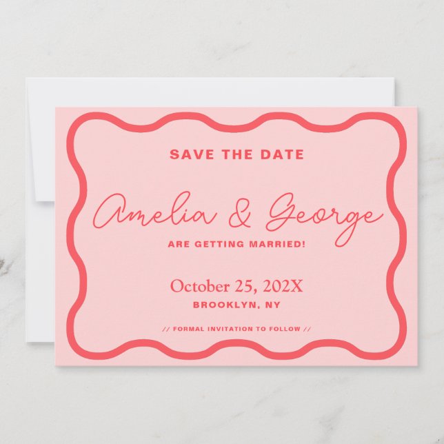 Pink and Red Wavy Retro Save The Date (Front)