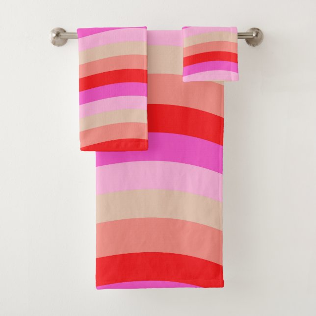 Pink and Red Wavy Stripes Bright Valentine's Day Bath Towel Set (Insitu)