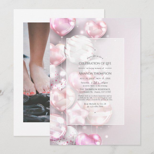 Pink and Rose Gold Balloons Celebration of Life Invitation (Front/Back)