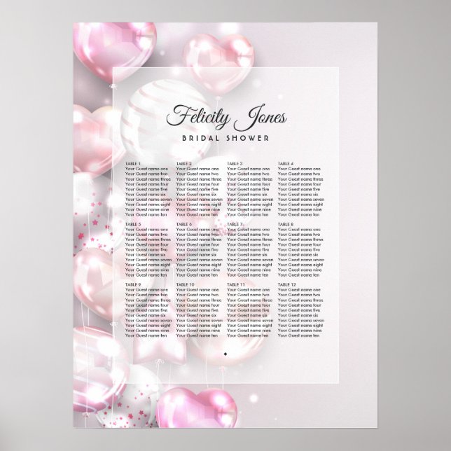 Pink and Rose Gold Balloons Seating Plan Poster (Front)