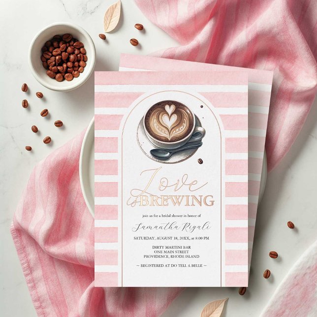 Pink and Rose Gold Coffee Bridal Shower Theme (coffee bridal shower theme invitations pink and rose gold with watercolor stripes)