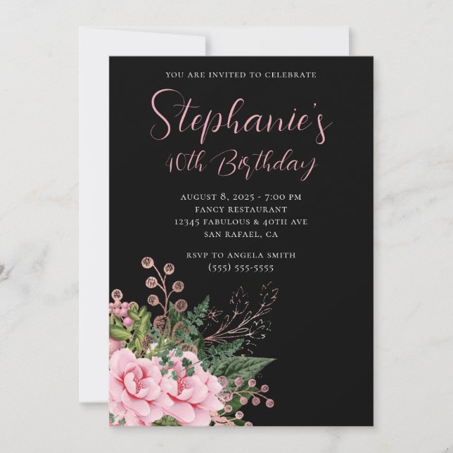 Pink and Rose Gold Floral 40th Birthday Black Invitation (Front)