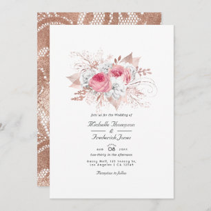 Pink and Rose Gold Floral and Lace QR Code Wedding Invitation