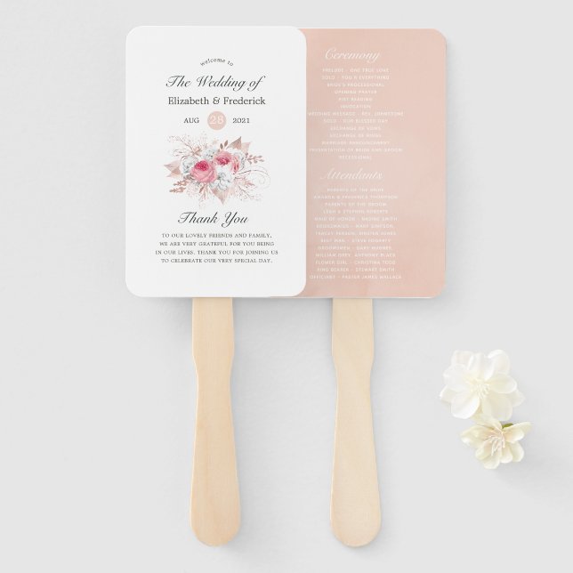 Pink and Rose Gold Floral and Lace Wedding Program Hand Fan (Front and Back)