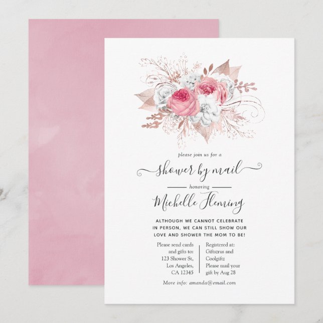 Pink and Rose Gold Floral Baby Shower by Mail Invitation (Front/Back)
