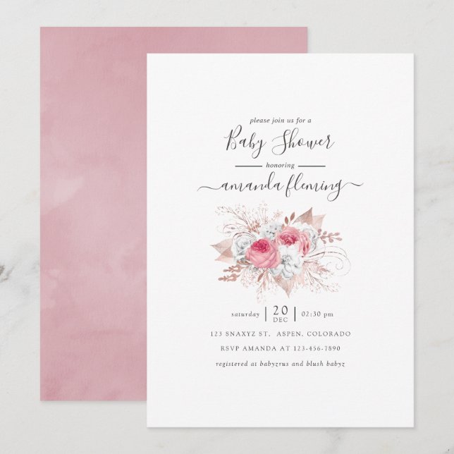 Pink and Rose Gold Floral Baby Shower Invitation (Front/Back)