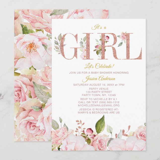 Pink and Rose Gold Floral Baby Shower Invitation (Front/Back)
