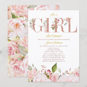 Pink and Rose Gold Floral Baby Shower Invitation