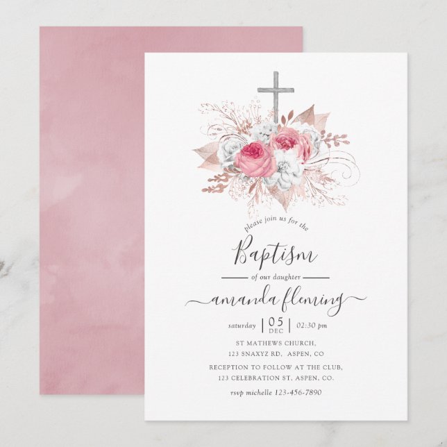 Pink and Rose Gold Floral Baptism Invitation (Front/Back)