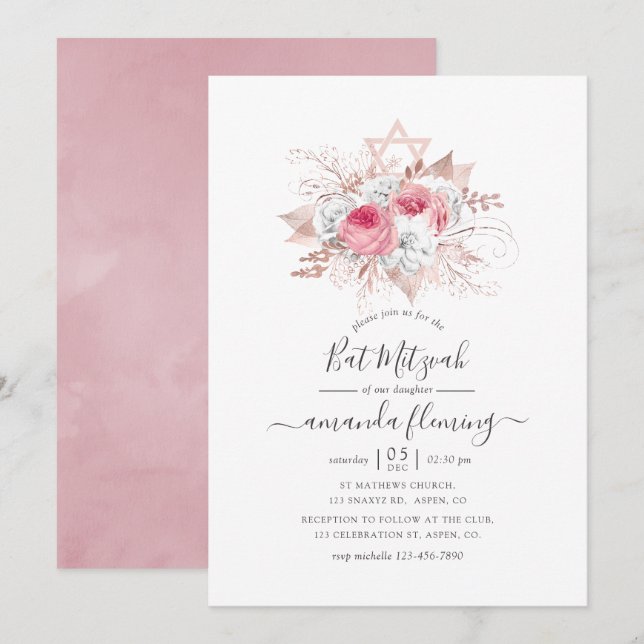 Pink and Rose Gold Floral Bat Mitzvah Invitation (Front/Back)