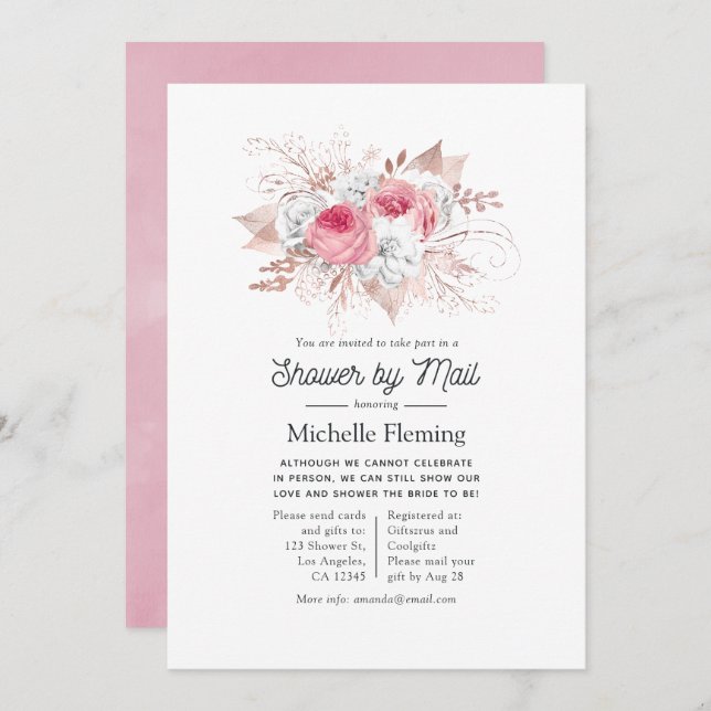 Pink and Rose Gold Floral Bridal Shower by Mail Invitation (Front/Back)