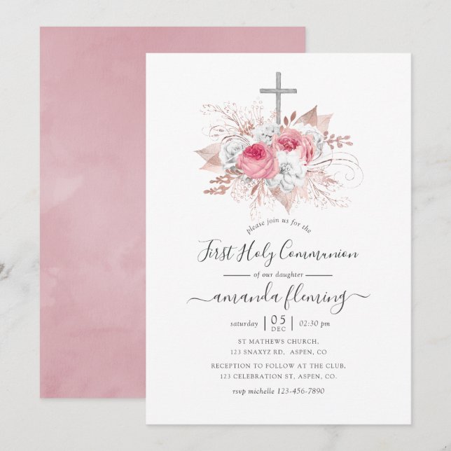 Pink and Rose Gold Floral First Holy Communion Invitation (Front/Back)