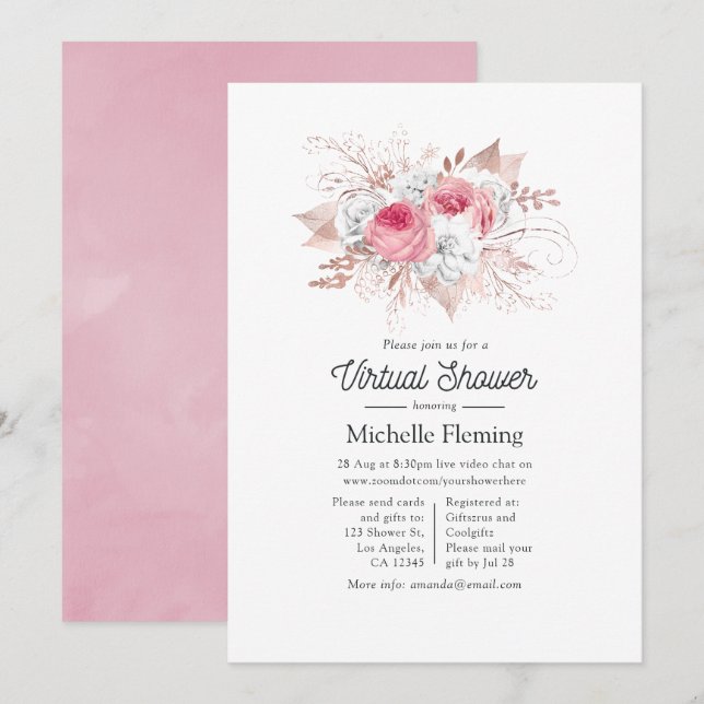 Pink and Rose Gold Floral Virtual Baby Shower Invitation (Front/Back)