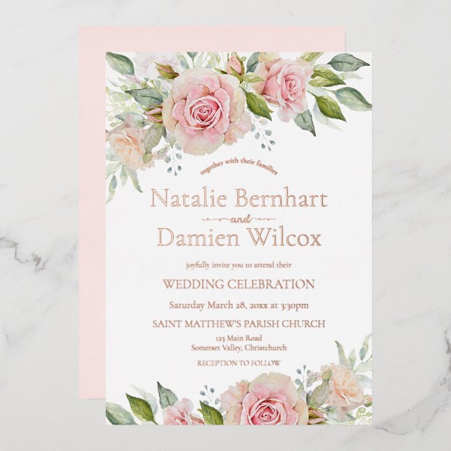 Pink and Rose Gold Floral Wedding Foil Invitation (Front/Back)